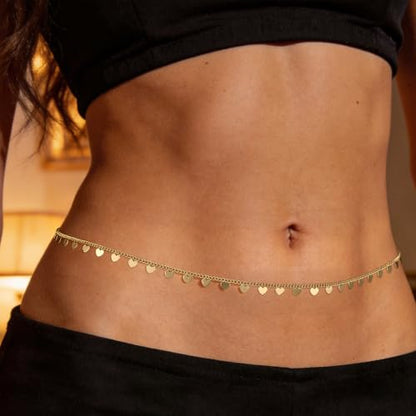 JINEAR 14K Gold Plated Waist Chain for Women Body Chain Belly Chains | Dainty Bead Chains Waterproof Summer Beach Bikini Accessories Gold Jewelry Belt Festival Outfits for Women - color: Heart Body Chains