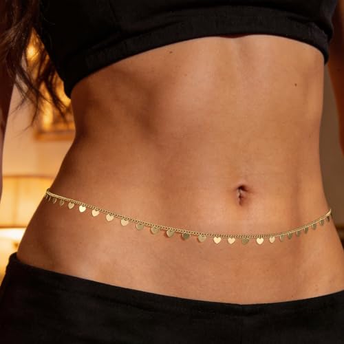 JINEAR 14K Gold Plated Waist Chain for Women Body Chain Belly Chains | Dainty Bead Chains Waterproof Summer Beach Bikini Accessories Gold Jewelry Belt Festival Outfits for Women - color: Heart Body Chains