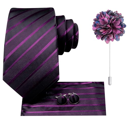 Hi-Tie Men's Silk Ties Formal Woven Classic Necktie Pocket Square Cufflinks Lapel Pin Set Wedding Business - color: A Black and Purple