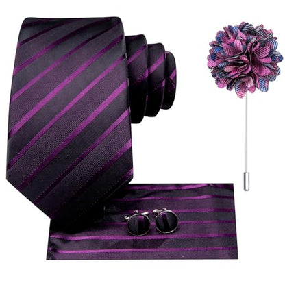 Hi-Tie Men's Silk Ties Formal Woven Classic Necktie Pocket Square Cufflinks Lapel Pin Set Wedding Business - color: A Black and Purple