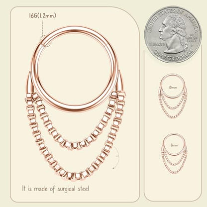 AROWRO Chain Septum Rings 316L Surgical Steel Septum Clicker Daith Piercing Jewelry Dangle Nose Rings for Women 16G 8/10mm Conch Cartilage Hoop Seamless Hinged Septum Jewelry with Clear CZ/Opal - color: Style-4-Rose gold double chains, size: 16G-8mm