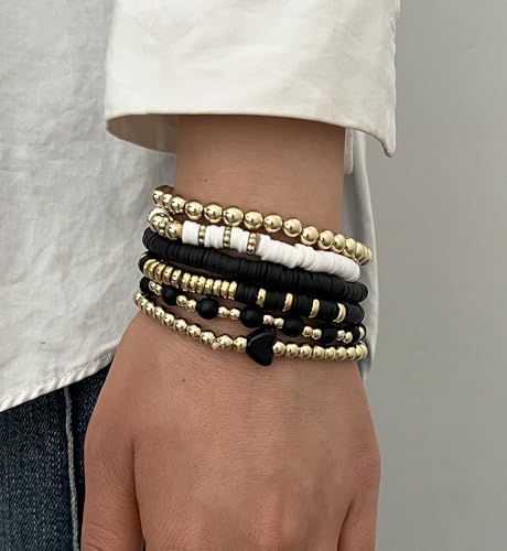 iF YOU 13pcs Boho Brown Gold Beaded Stretch Bracelets for Women, Heishi Clay Surfer Stackable Bracelet Stacks Summer Beach Jewelry - style: White & Black Clay Bracelets