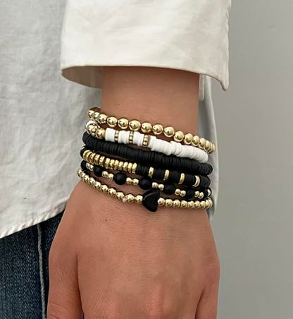 iF YOU 13pcs Boho Brown Gold Beaded Stretch Bracelets for Women, Heishi Clay Surfer Stackable Bracelet Stacks Summer Beach Jewelry - style: White & Black Clay Bracelets