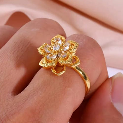 Sunflower Fidget Ring for Women Gold Anxiety Crystal Rings Cubic Zirconia Sunflower Open Adjustable Fidget Ring Spinner Sun Ring for Men Trendy Jewelry - color: White