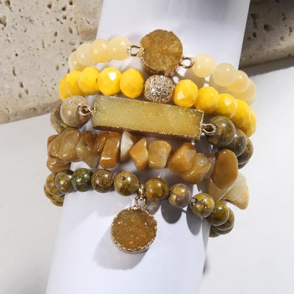Yomisa 5PCS 6PCS Natural Boho Beaded Bracelets/Bangle for Women Men,Healing Turquoise Jasper Agate Crystal Gemstone Stone Chakra Multilayer Wrap Bohemian Handmade Jewelry Beads Stretch Bracelet Set - color: 5PCS-Yellow