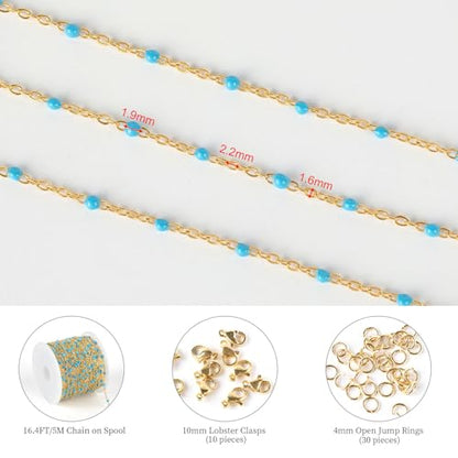 KYUNHOO 16.4 Feet Light Blue Beaded Chain Spool for Jewelry Making Supplies | Gold Plated Stainless Steel Jewelry Making Chains Bulk with Lobster Clasps Jump Rings for Jewelry Crafts DIY - color: Gold-Blue-2mm