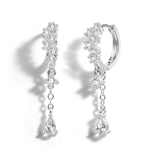 Silver CZ Dangle Earrings Hoop Leverback Drop Earrings Jewelry in Gifts Box | Hypoallergenic Elegant Cubic Zirconia Lightweight Drop Sliver /14k Gold Chain Drop Earring Jewelry for Women Daily Wear - color: Silver