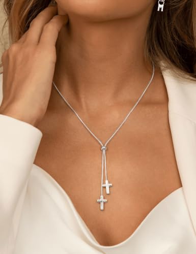 Lariat Gold Silver Necklace for Women Long Dainty Y Necklace 14k Gold Plated Drop Chunky Necklace Trendy Clover Heart Cross Teardrop Cz Pendant Statement Simple Adjustable Jewelry Gift - color: Silver- Cross