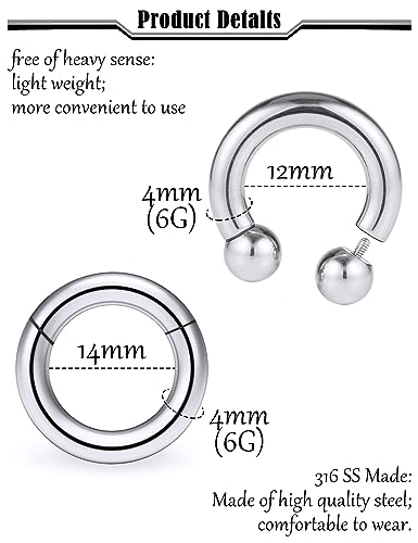 12G-2G Large Septum Ring Piercing PA Ring Hypoallergenic 316L Surgical Steel Septum Nose Rings Gauges Earrings Hoops CBR Body Piercing Jewelry for Women Men Inner Diameter 12mm 14mm 16mm - color: Silver, size: 6G-16mm
