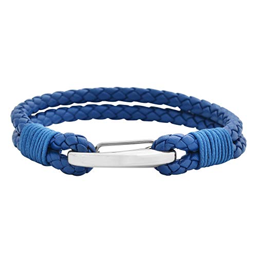 Edforce Braided Genuine Leather 2-Strand Cuff Bracelet with Stainless Steel Clasp - color: Blue