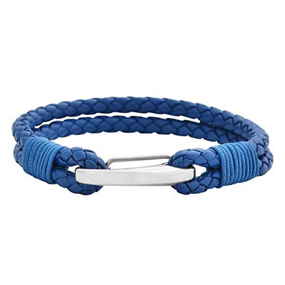 Edforce Braided Genuine Leather 2-Strand Cuff Bracelet with Stainless Steel Clasp - color: Blue