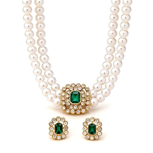 Classic Double Strand Faux Pearl Choker Necklace and Earrings Set with Crystal Accent, Elegant Jewelry for Special Occasions and Everyday Wear - color: green