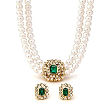 Classic Double Strand Faux Pearl Choker Necklace and Earrings Set with Crystal Accent, Elegant Jewelry for Special Occasions and Everyday Wear - color: green
