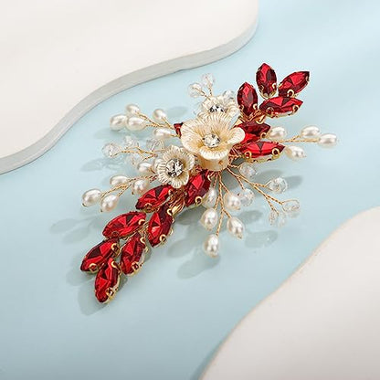 Xerling Red Rhinestones Crystal Flower Hair Barrettes Clip Boho Bridal Pearl Hair Jewelry Accessories for Women Wedding Floral Headpieces (Red) - color: Red