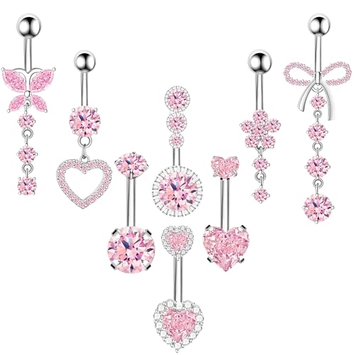 BSJ4U 8Pcs Gold Pink Silver Belly Button Ring Dangle Navel Belly Piercing Jewelry Cute CZ Butterfly Heart Flower Bow Navel Belly Rings for Women 14G Hypoallergenic Surgical Stainless Steel Dainty Dangling Dangly Belly Button Piercing Pack - color: Pink Be