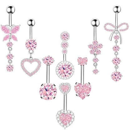 BSJ4U 8Pcs Gold Pink Silver Belly Button Ring Dangle Navel Belly Piercing Jewelry Cute CZ Butterfly Heart Flower Bow Navel Belly Rings for Women 14G Hypoallergenic Surgical Stainless Steel Dainty Dangling Dangly Belly Button Piercing Pack - color: Pink Be