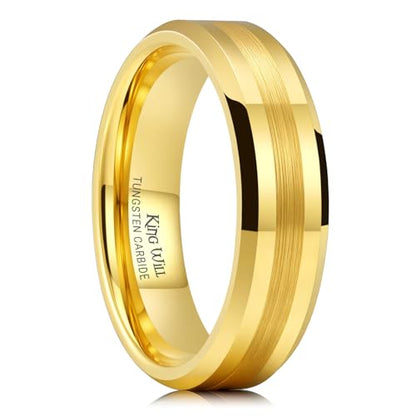 King Will Classic Tungsten Carbide Ring Brushed Two Grooved Center Hammered Design Mens Wedding Band for Men | Black/Silver/Gold, 8mm, Men's Wedding Band, Grooved, Comfort Fit, Everyday Wear - color: A-Gold 6mm