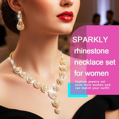 Nicute Pearl Jewelry Set Sparkly Rhinestone Necklace Earrings Sets Prom Costume Bridal Jewelry Set for Women - color: Gold
