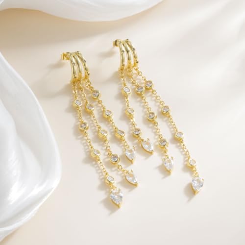 14K Gold Plated Dangle Earrings for Women, Dainty Hoop Huggie Studs, Long Hanging Tassel Chain Multi Pierced Ear Stacking Jewelry Gifts - color: CZ Drop Dangle-Gold