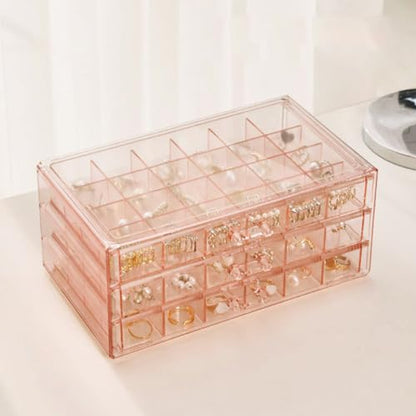 Earring Organizer Box Acrylic Stackable Jewelry Organizer with 3 Drawers 72 Small Compartments Clear Jewelry Display Stand for Stud Earring Ring Pin Display (Pink) - color: Pink