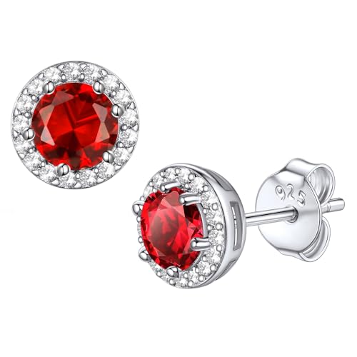 Bestyle 8mm Small Birthstone Earrings for Women with Hypoallergenic Sterling Silver Post,Sparkle Heart/Round Womens Studs Earrings, Great Birthday/Christmas/Anniversary Jewelry for Wife Mother - color: 07. July Ruby-Round