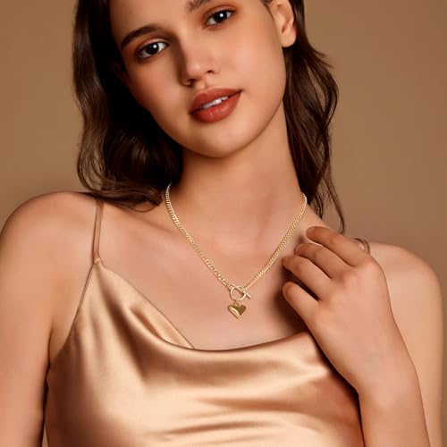 Zeffy 14K Gold/Silver Plated Chunky Thick Chain Toggle Clasp Necklace Dainty Baroque Pearl/Heart/Cross/Turquoise Pendant Necklace - color: Gold Small Heart Necklace