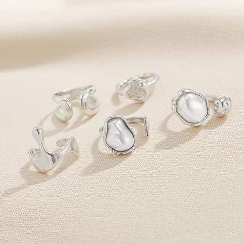 CSIYANJRY99 Gold Silver Rings Set for Women Trendy Irregular Chunky Gold Ring Baroque Pearl Rings Stackable Statement Knuckle Ring Jewelry - color: C-Silver