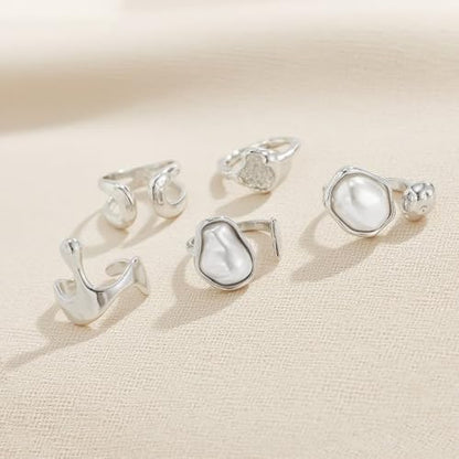 CSIYANJRY99 Gold Silver Rings Set for Women Trendy Irregular Chunky Gold Ring Baroque Pearl Rings Stackable Statement Knuckle Ring Jewelry - color: C-Silver