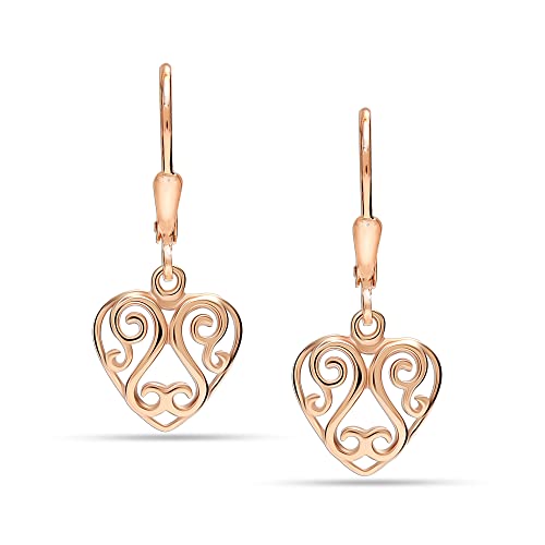 LeCalla 925 Sterling Silver Leverback Drop Earrings | Lightweight Italian Teardrop Dangle Earring for Women - color: Heart Filigree