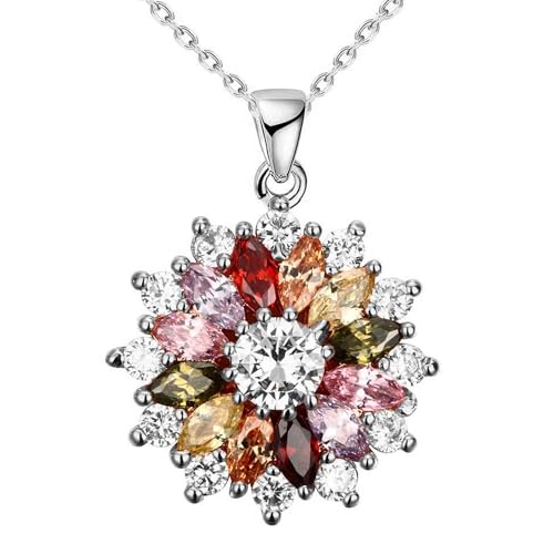 Colorful Snowflake Pendant Necklace, White Gold Plated Multi Gemstone Necklaces Marquise Cubic Zirconia Necklace for Women, 18+2 inch - color: white gold