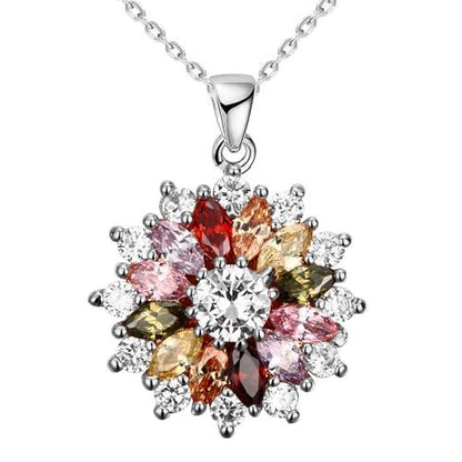 Colorful Snowflake Pendant Necklace, White Gold Plated Multi Gemstone Necklaces Marquise Cubic Zirconia Necklace for Women, 18+2 inch - color: white gold