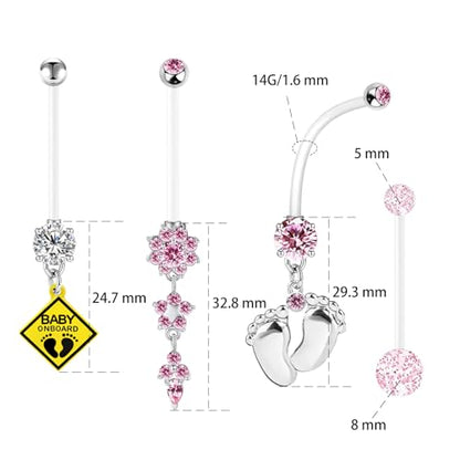 14G Flexible Clear Acrylic Pregnancy Belly Button Ring Flower,letter Dangle Pregnancy Maternity Belly Rings - color: pink