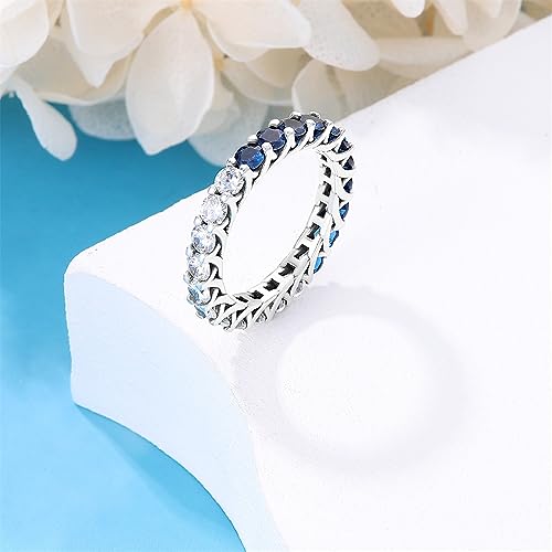 KUNSIR 925 Silver Cubic Zirconia Ring Size 7-9 Wedding Band Sterling Silver Eternity Ring Modern Style - style: Zircon Blue Silver Ring