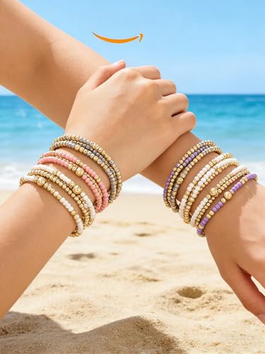 LOTSOF Bohemia Multilayer Beaded Bracelet Set, Turquoise Resin Colorful Surfer Heishi Style Elastic Spring Clasp Friendship Elastic Wristbands Summer Beach Boho Vacation Jewelry - color: Grey