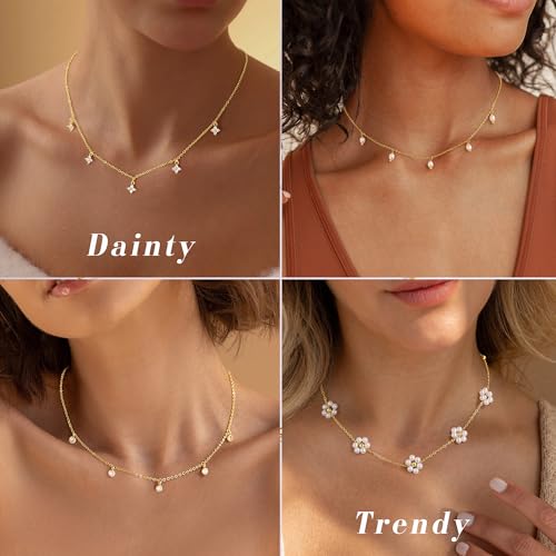 Ursteel 14K-Gold-Plated Necklace for Women Girls, Cute Daisy Pearl Necklace for Girls Clover Butterfly Cubic Zirconia Flower Evil Eye Station Necklaces for Women Teen Girl Gifts - color: "Clover Zircon