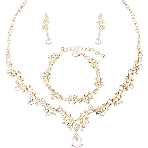 3Pcs Austrian Crystal Jewelry Set for Women, Necklace Dangle Earrings Link Bracelet Jewelry Set with Gold/Platinum/Gun Plated, Wedding Party Jewelry for Bridal Bridesmaid - color: White-Gold Plated