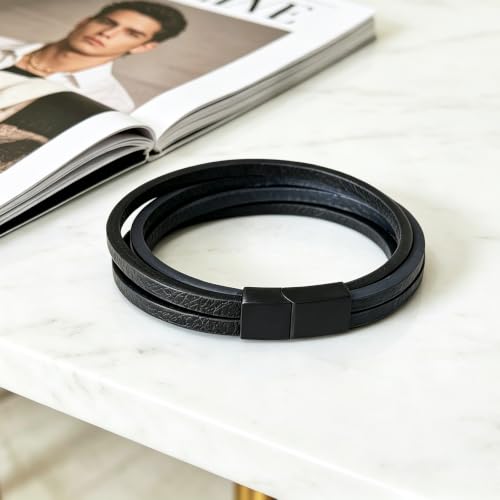 Italian Handmade Leather Bracelets for Men - color: Black Blue, size: 8.2"