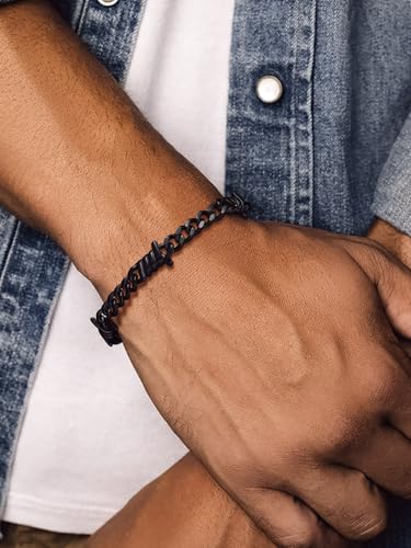 Bandmax Barbed Wire Chain Bracelets for Men Women Stainless Steel/Black/Gold Thorn Cuban Link Bracelet Adjustable Punk Emo Style Jewelry Gift - color: 08 7MM-Black Plated