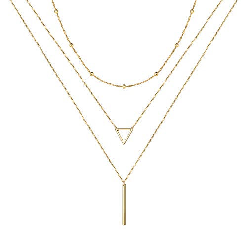 Turandoss Gold Layered Necklaces for Women - 14K Gold Plated Handmade Multilayer Bar Pearls Coin Disc Moon Butterfly Medallion Adjustable Dainty Layered Choker Necklaces for Women Jewelry - style: "3 Layered Necklace - Chain&Triangle&Bar