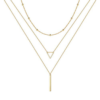 Turandoss Gold Layered Necklaces for Women - 14K Gold Plated Handmade Multilayer Bar Pearls Coin Disc Moon Butterfly Medallion Adjustable Dainty Layered Choker Necklaces for Women Jewelry - style: "3 Layered Necklace - Chain&Triangle&Bar