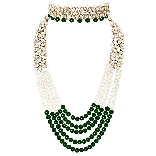 Aheli Wedding Party Wear Bridal Jewellery Choker Long Pearl Necklace Earrings Maang Tikka Indian Traditional Set Gift for Women - color: Green-1
