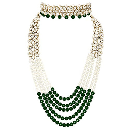 Aheli Wedding Party Wear Bridal Jewellery Choker Long Pearl Necklace Earrings Maang Tikka Indian Traditional Set Gift for Women - color: Green-1