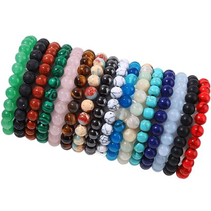 FIRAZIO 16PCS Crystal Stone Beaded Bracelets for Women Men 8MM | Semi-Precious Gemstone Bracelet Round Beaded Stretch Bracelets Unisex Stress Relief Yoga Bracelets Gifts