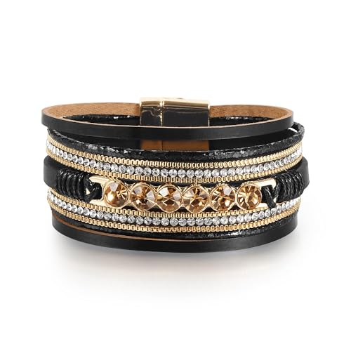 Edoneery Leather Wrap Bracelets for Women, Boho Layered Cuff Bangle | Multi-layer Leather Cuff, Daily wear, Stackable Bangle, Easy on-off, Western Jewelry Gifts for Women - color: Black-7