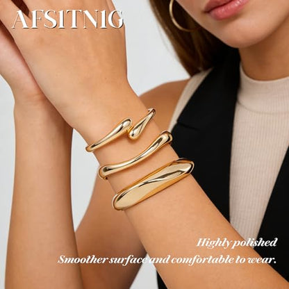 Chunky Gold Bangles Bracelets for Women, 14k Gold Plated Hinged Big Stackable Bangles Set, Trendy Wide Statement Cuff Bracelets Stack Fashion Jewelry Gifts - color: Gold-3pcs-Styles-2