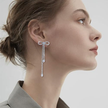 Luxval Rhinestone Earrings Dangling for Women Sparkly Silver Dangle Earrings Girls Long Chandelier Earrings Tassel Lightweight Ear Studs Cubic Zirconia Crystal Statement - color: Silver-CZ Bow