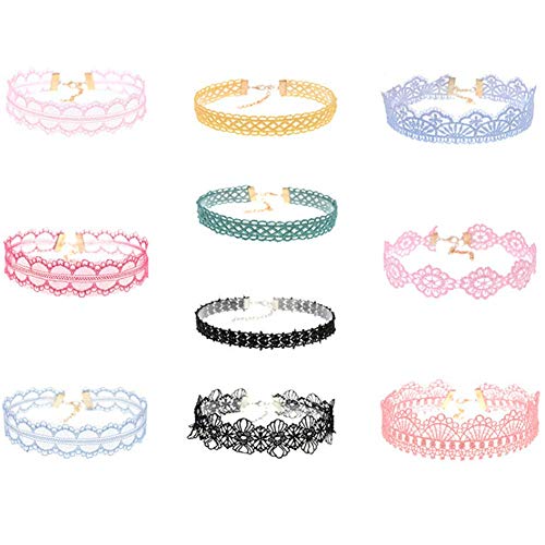 Teensery 10Pcs Womens Choker Necklaces Assorted Color Lace Charm Stretch Gothic Tattoo Chokers Necklace Set