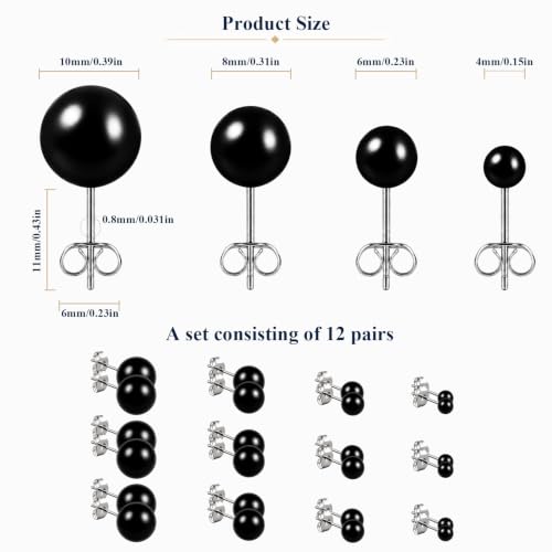 12 Pairs Simulated Pearl Stud Earrings Set for Women Men Beige White Black | 4 6 8 10 mm Faux Pearl Earrings Studs Pack, 316L Surgical Stainless Steel, Hypoallergenic for Sensitive Ears - color: Black