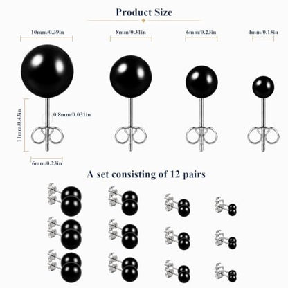 12 Pairs Simulated Pearl Stud Earrings Set for Women Men Beige White Black | 4 6 8 10 mm Faux Pearl Earrings Studs Pack, 316L Surgical Stainless Steel, Hypoallergenic for Sensitive Ears - color: Black