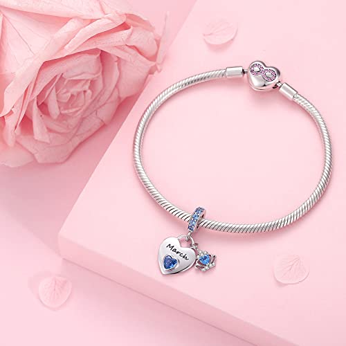 Birthstone Charms for Charms Bracelet: 925 Sterling Silver Heart Dangle Charms for Bracelets and Necklaces, Birthday Mother's Day Christmas Gifts For Women. - color: March